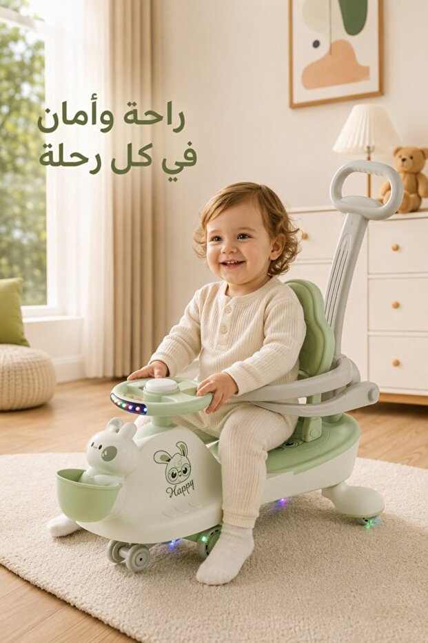 سيارة بلاستيكية موسيقية مضيئة للركوب للاستخدام الداخلي والخارجي مع مقبض دفع وحاجز حماية وعجلات صامتة مضادة للانقلاب