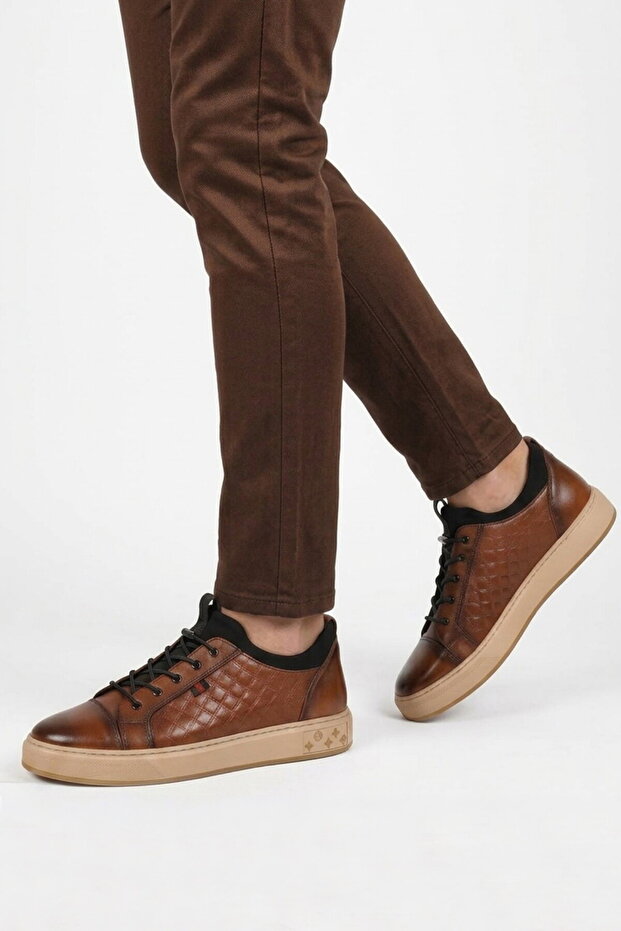 Tan Genuine Leather Crocodile Patterned Comfortable Stylish Men's Casual Shoes Sneaker 6424-1 m