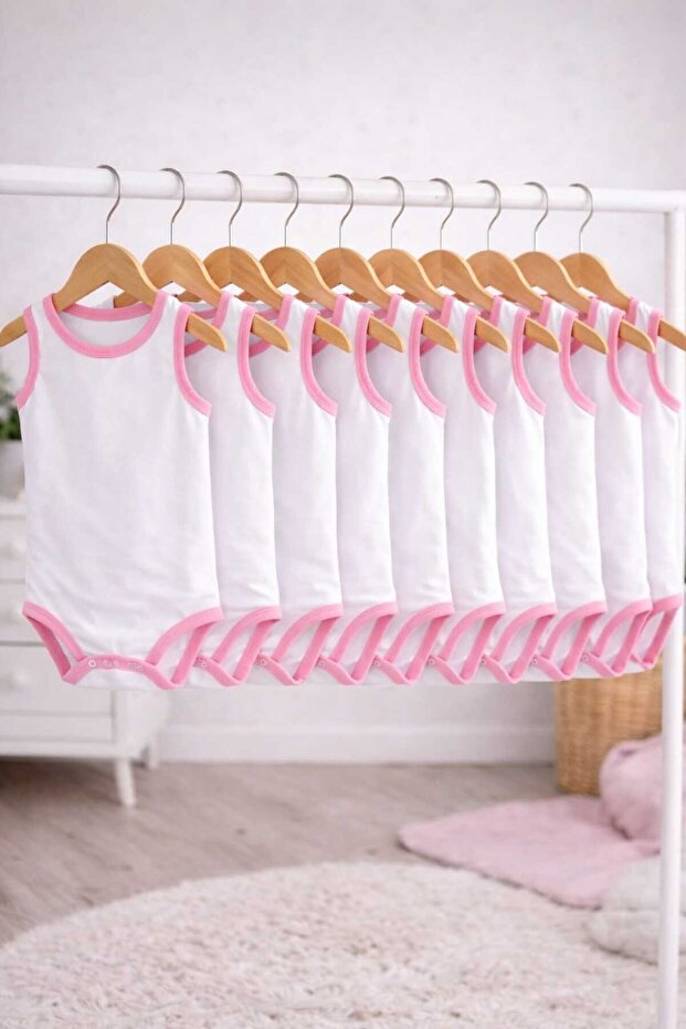 10 Pieces of Pink Patterned Sleeveless Children's Baby Bodysuits with Snap Fasteners