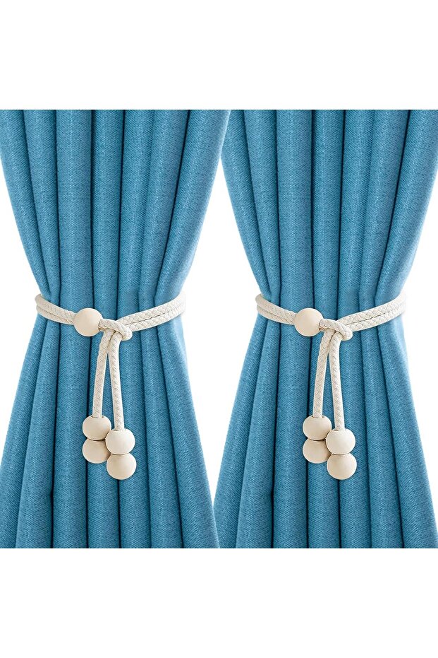 2 Simple Wooden Bead Curtain Ties - Adjustable Curtain Ties (Total Length: 49cm)