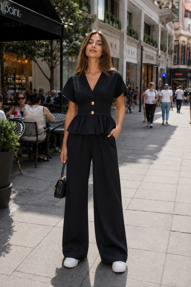Women's V-Neck Double Buttoned Waist Belt Detailed Wide Leg Pocketed Trouser Suit