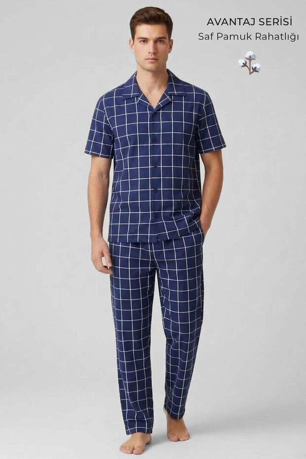 Egyptian Men's Cotton Plaid Shirt Pajama Set Navy Blue