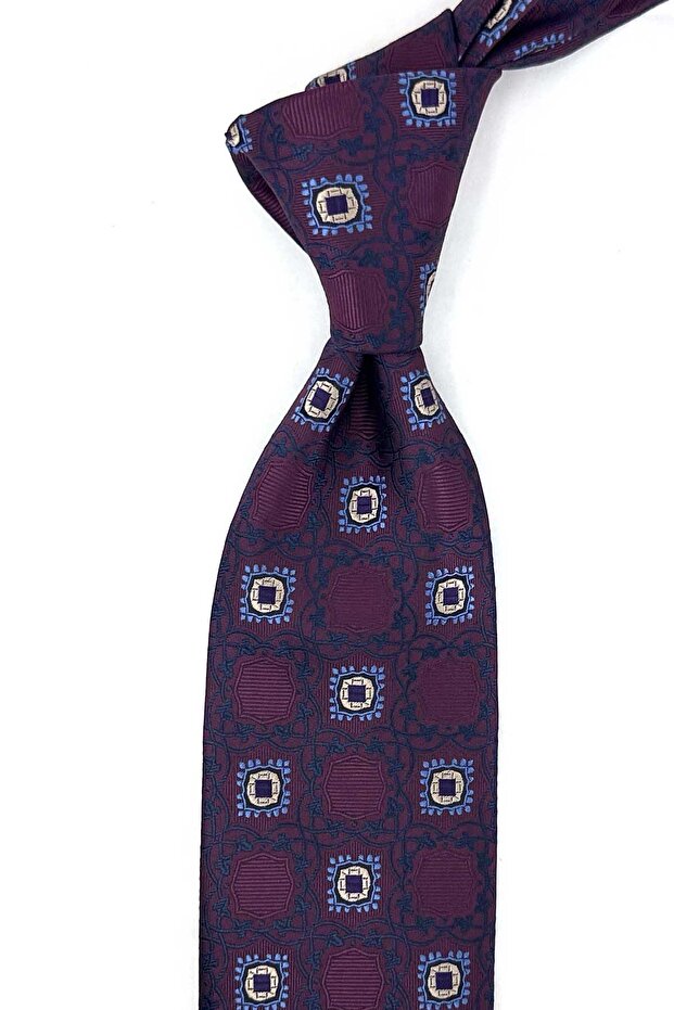 Burgundy Motif Patterned Classic Tie with Handkerchief Kk13918