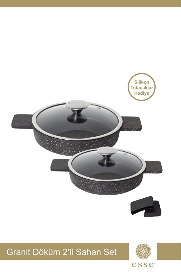 Granite Cast Iron Pan with Glass Lid Black 16 cm 20 cm