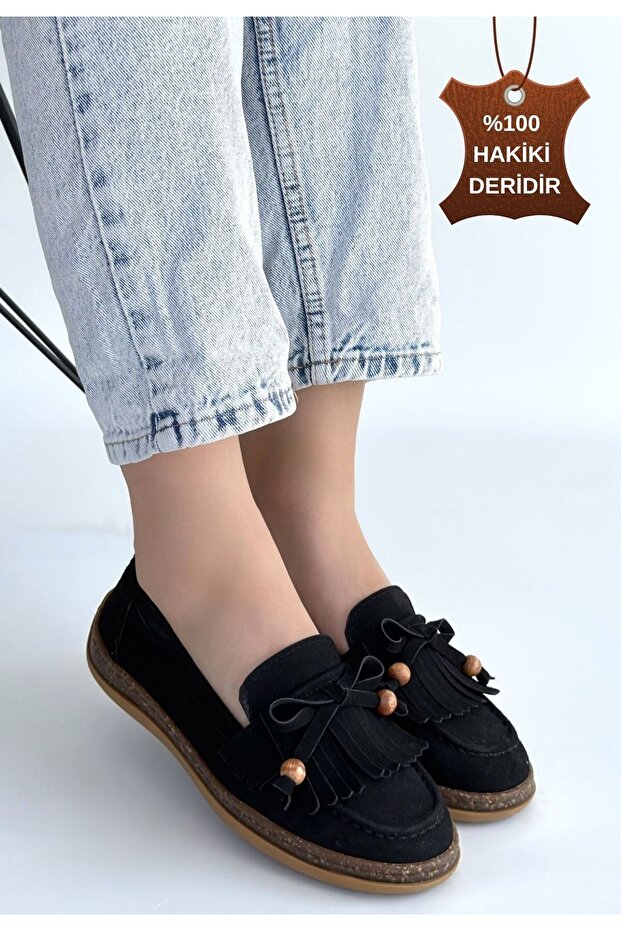 Boriy Black Leather Powder Suede Ballerina Shoes