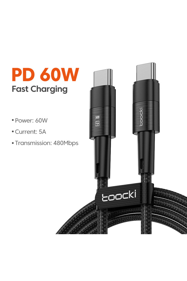 60W Type C Cable 2M, Type C to Type C Charger Cable, Braided Cable Type C with Aluminum Shell