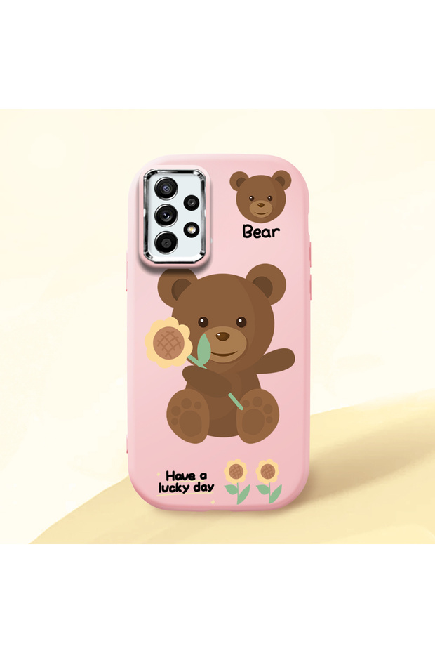 Samsung Galaxy A52S Compatible Case Camera Protector Pink Silicone Couple Phone Case with Bear Pattern