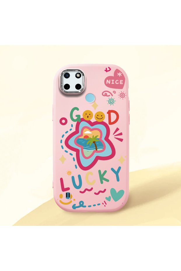 Realme C25Y Compatible Case Camera Protector Pink Silicone Couple Phone Case Heart Pattern