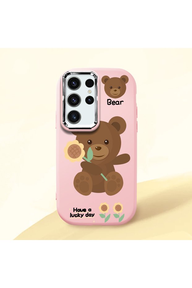 Samsung Galaxy S24 Ultra Compatible Case Camera Protector Pink Silicone Couple Phone Case with Bear Pattern