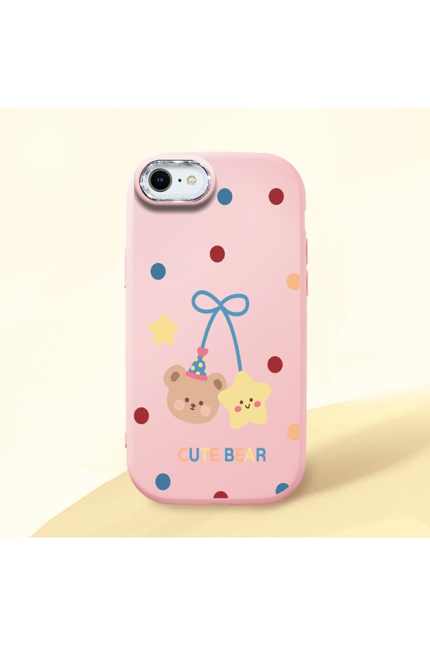 iPhone 7 Compatible Case Camera Protector Pink Silicone Couple Phone Case with Bear Pattern