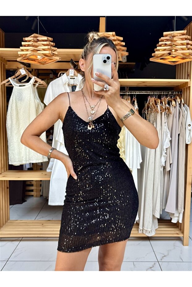 Women's Black Color Sequined Rope Strap Lined Mini Evening Dress