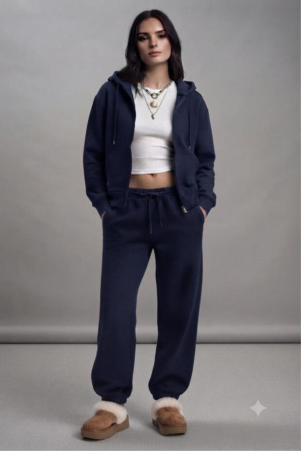 Women's Navy Blue Hooded Cardigan Jacket and Sweatpants Set
