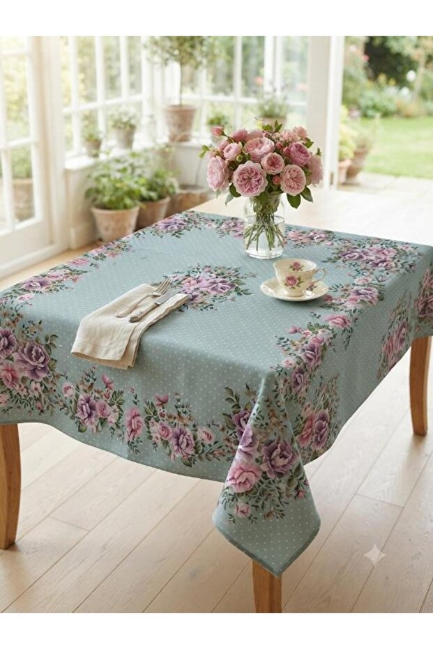 Carmen Jakarli Woven Goblen Decorative Blue Tablecloth with Flowers 135*130