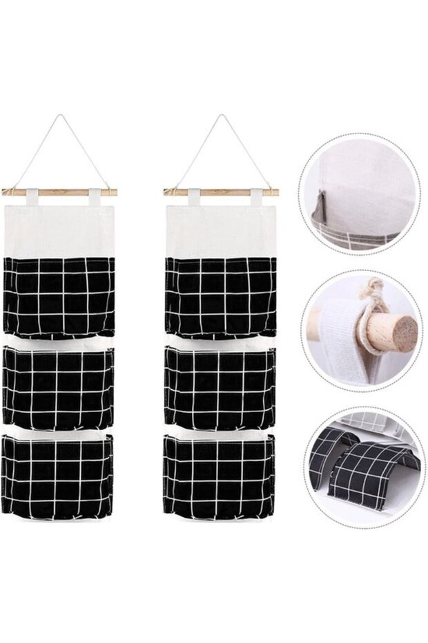 Two-piece three-compartment hanging storage bag set in black and white