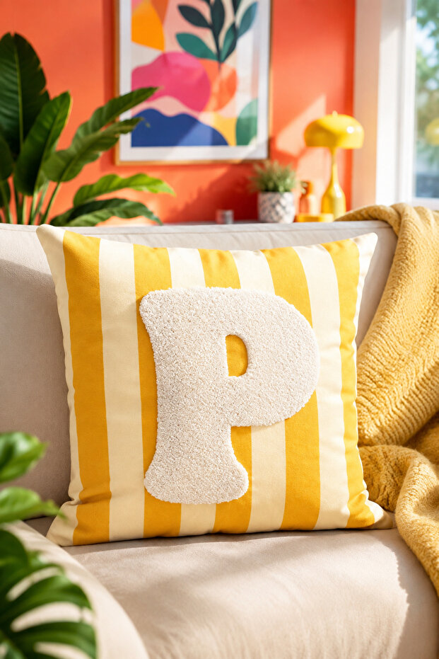 Punch Embroidered Throw Pillow Cover - 43*43 cm - Yellow Letter P - Pnk001