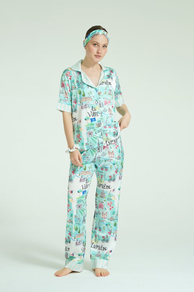 Short Sleeve 4 Piece Satin Pajama Set -Paris Reverie