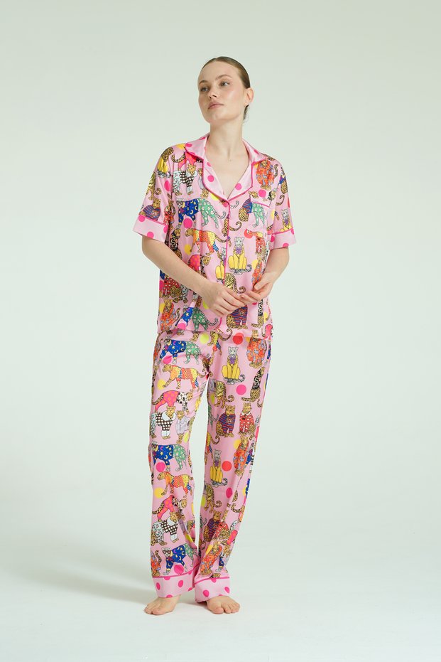 Short Sleeve 4 Piece Satin Pajama Set - Velvet Jungle Muse