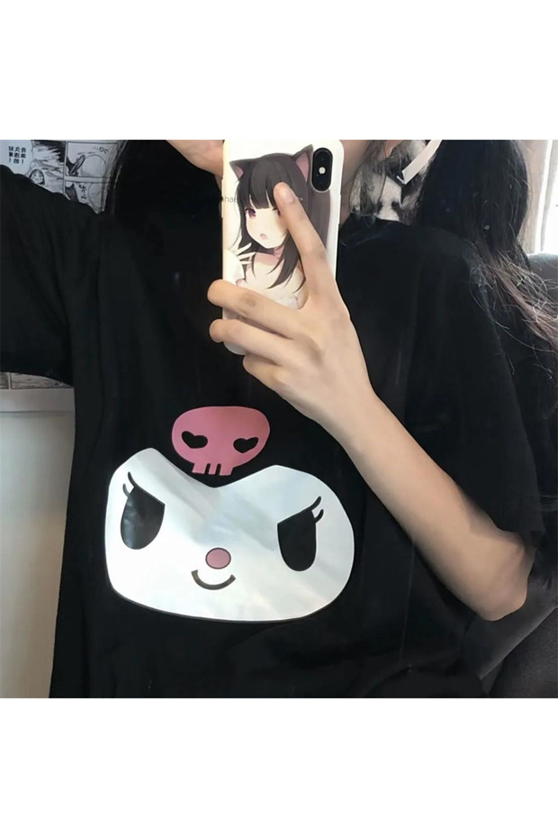 Mi̇ngalondon Kuromi Face Printed Black Unisex Oversize T-Shirt