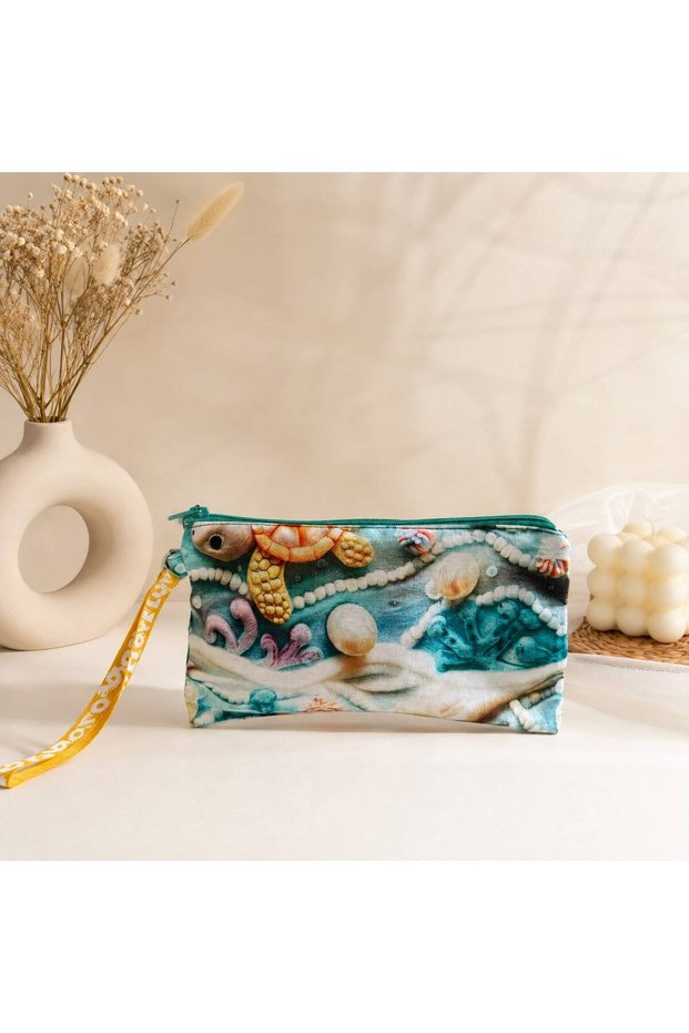 Turquoise Seashells and Pearl Pattern Zippered Makeup & Small Handbag 18X10 cm – Multi-Purpose Mini Bag