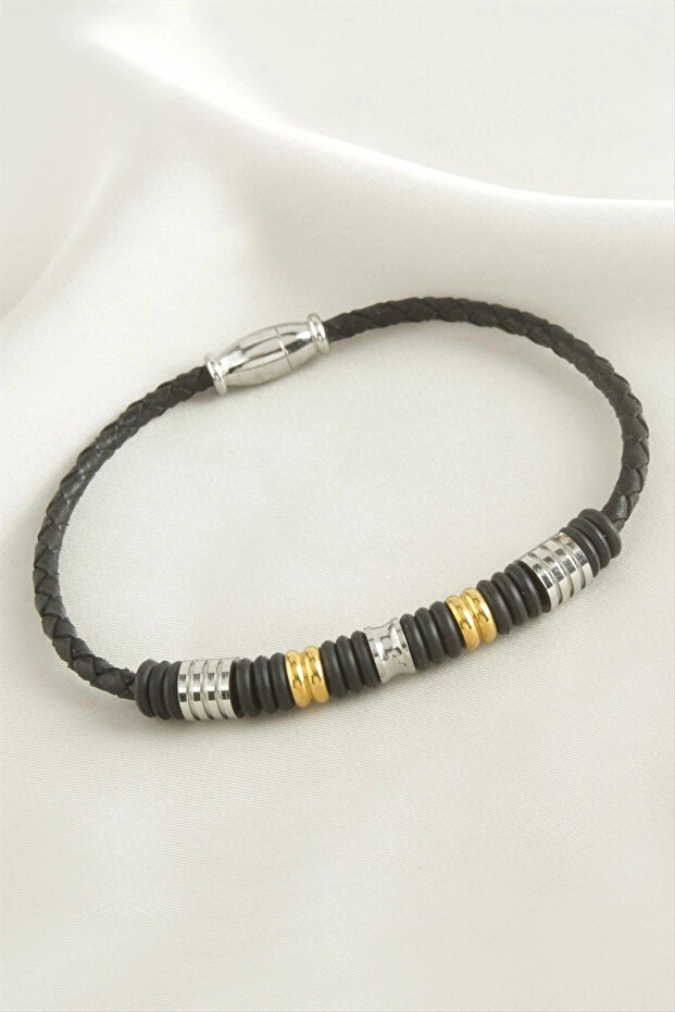 Magnetic leather steel bracelet