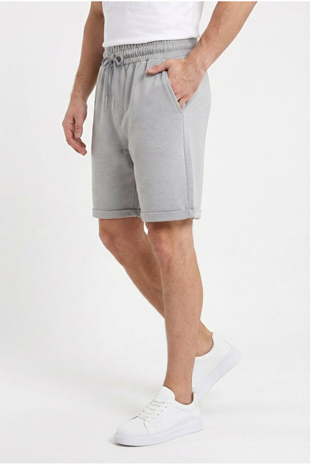 Men's Gray Side Pocketed, Lace-Up, Elastic Waist, Folded Double-Leg Comfortable Cut Bermuda Shorts