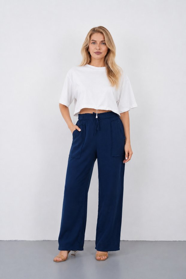 Women's Elastic Waist Palazzo Trousers with Pocket Detail, Comfortable