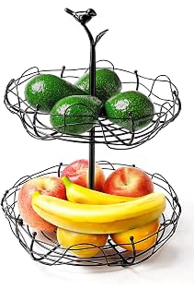Artisan 2-Tier Fruit Basket with Bird Nest Design, Charming Bird Handle Multi-Functional Vegetable O