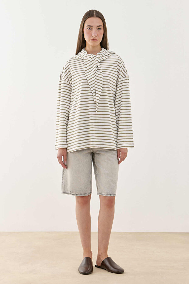Scarf Striped Long Sleeve Cotton T-Shirt Beige