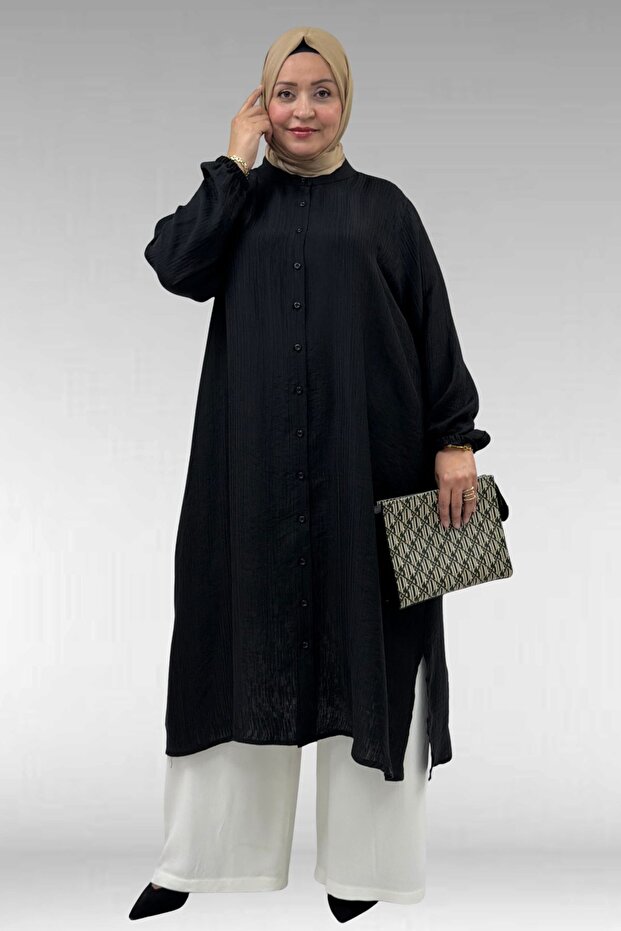 68047 Plus Size Buttoned Double Tensel Tunic - Black