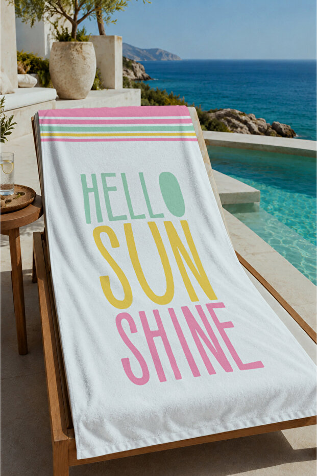 Pastel Striped Hello Sunshine Written 70X150 Beach Towel - Digital Printed Bath Towel