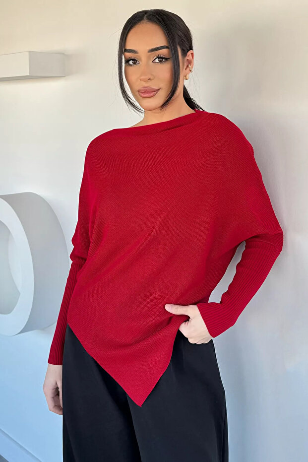 Red Asymmetrical Cut Knit Sweater