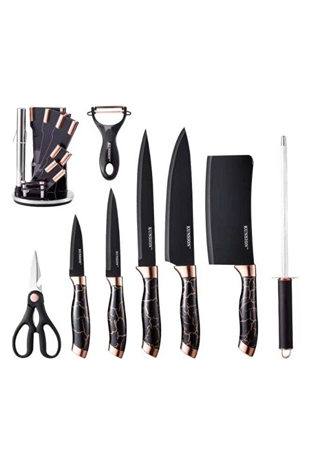 KUNSION 9-Piece Kitchen Knife Set with Stainless Steel Cutting Blades, Black Marble Pattern Handles and Rose Gold Accents, Includes Kitchen Scissors, Peeler and Storage Holder, Complete Multipurpose C