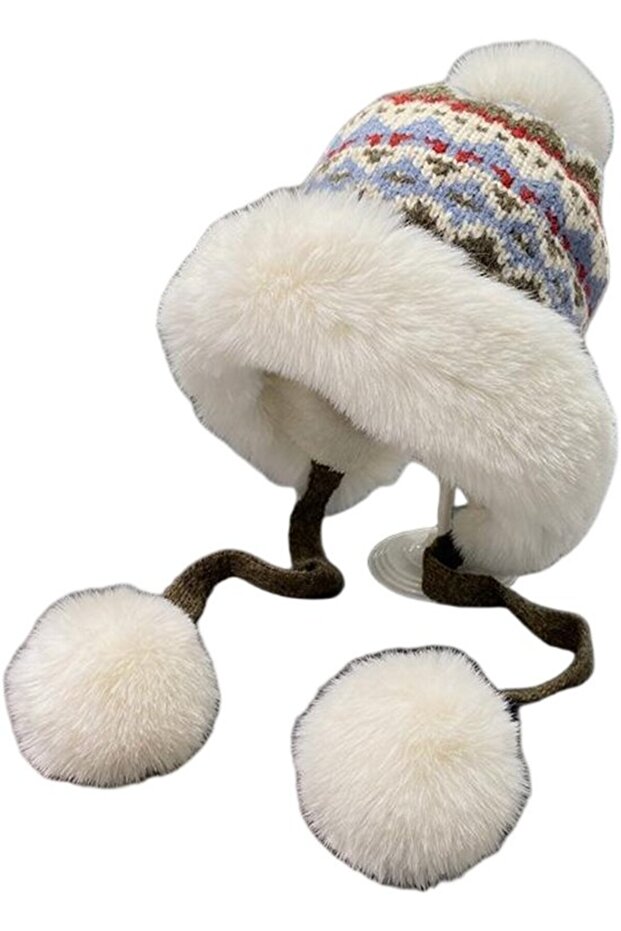 Women's pom-pom ski hat blue/white warm fleece.