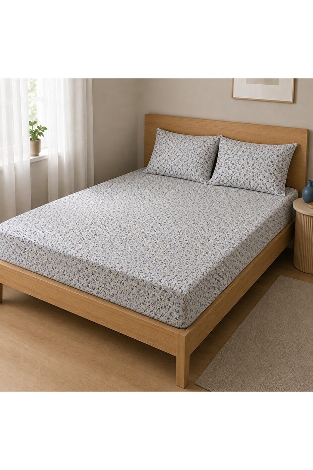Blue Wild Flowers 100% Cotton Ranforce Elastic Bed Sheet Set – Single and Double Sizes