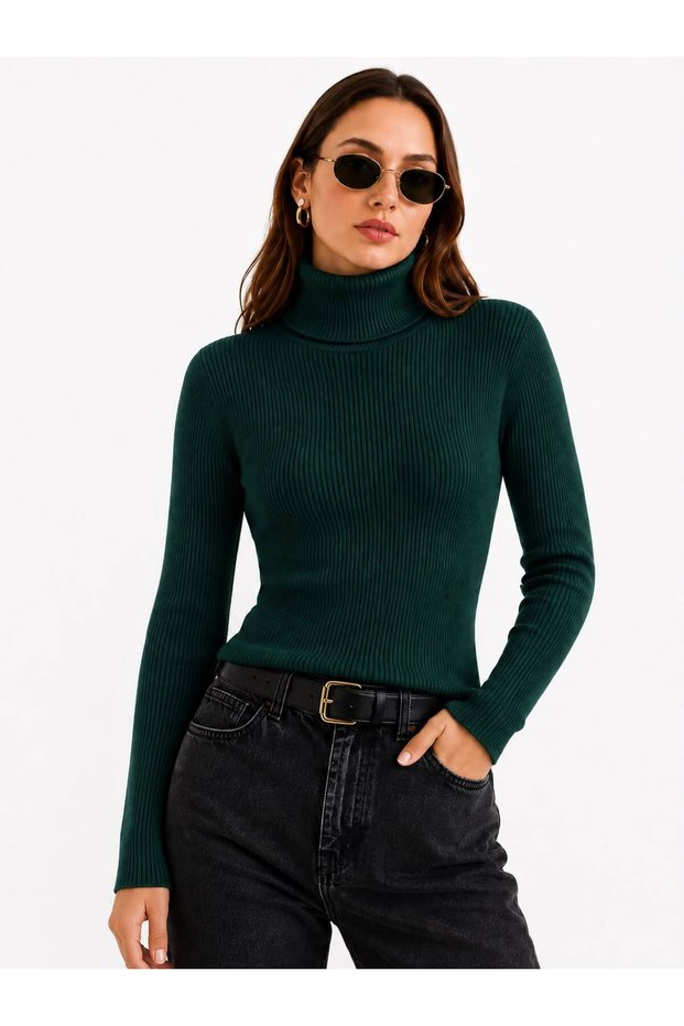 Women's Full Turtleneck Ribbed Knitwear Sweater Long Sleeve Slim Fit Basic Sweater