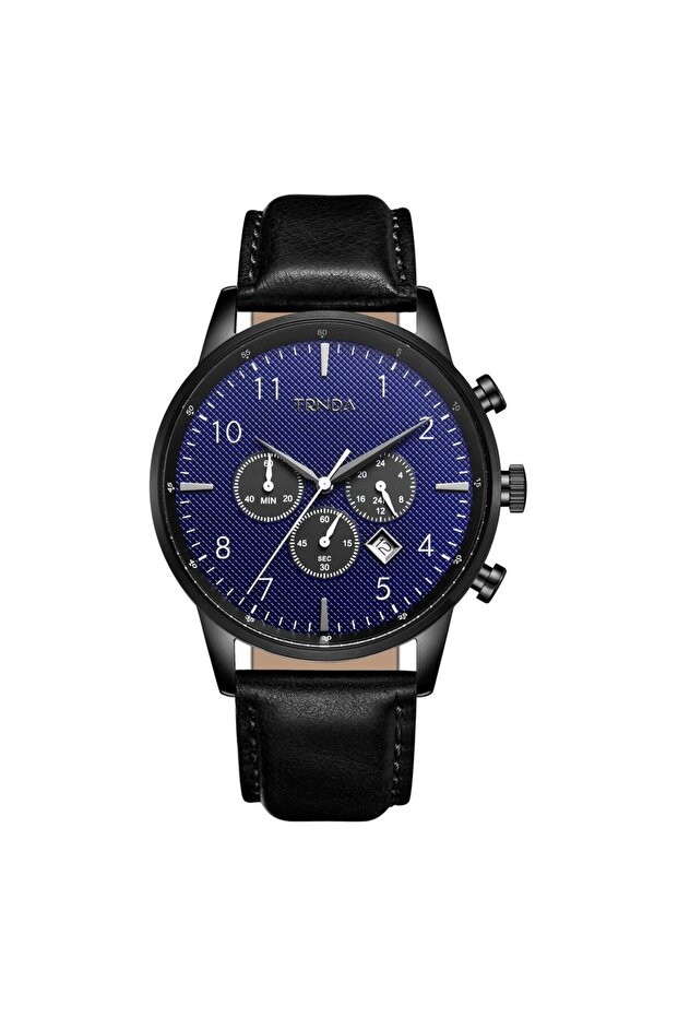 Men's Stainless Steel Watch, Black Leather Band | Trnda-43bl