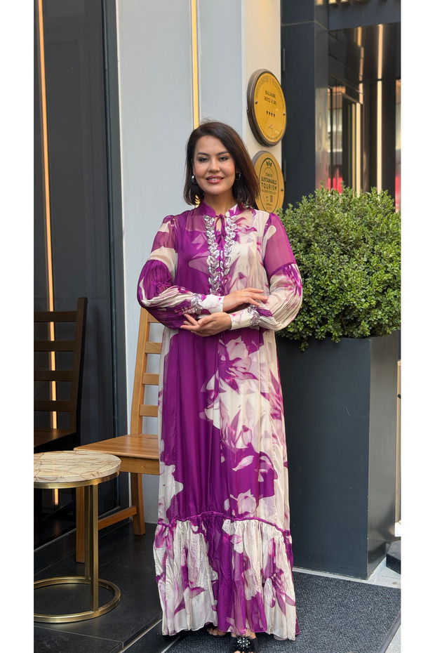 2 Piece Women's Tie-Neck Stone Embroidered Chiffon Dress | Strappy Satin Underdress Maxi Length Event Dress Purple Floral Patterned Collar and Sleeves with Stones and Sequins Long Dress