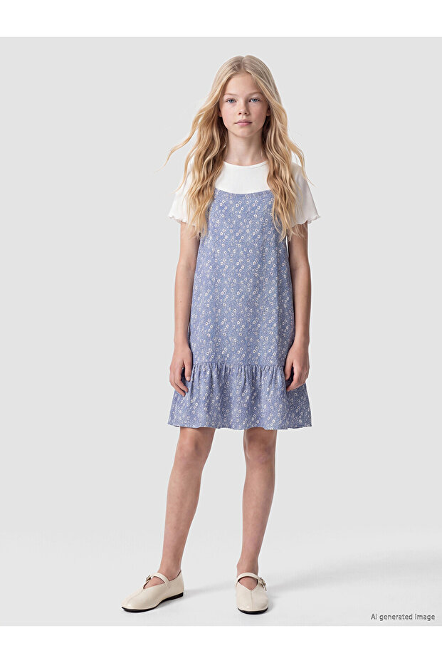 Two Mt Shop Quality Oval Collar Floral Patterned Girl's Dress