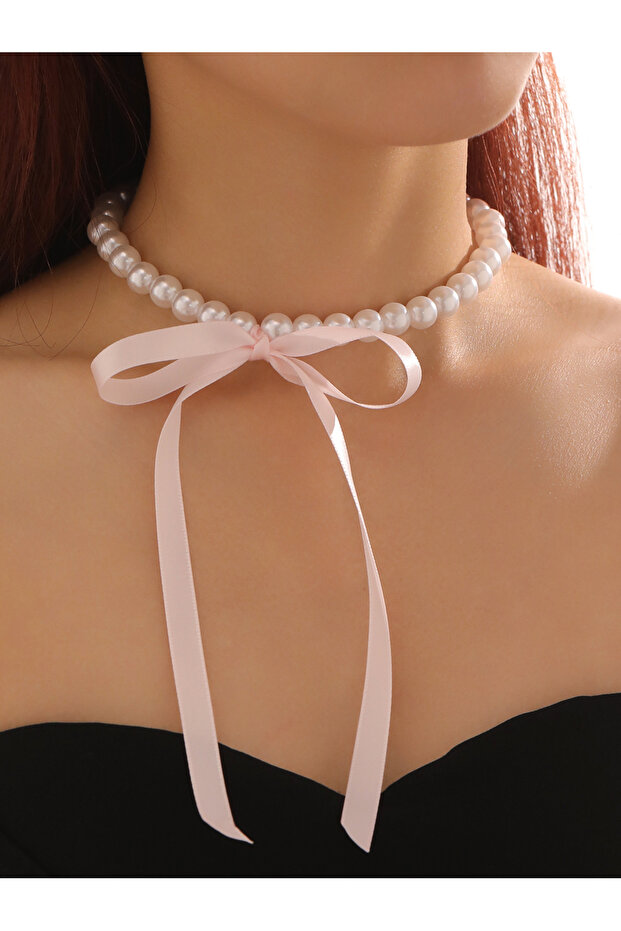 Pearl Beaded Necklace with Pink Ribbon