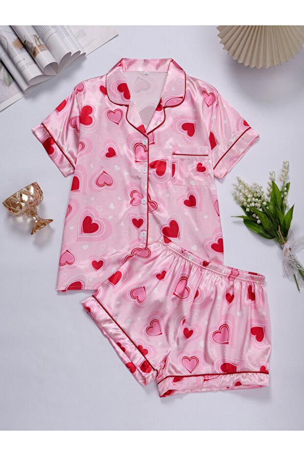 Pink Heart Print Shirt and Shorts Pajama Set