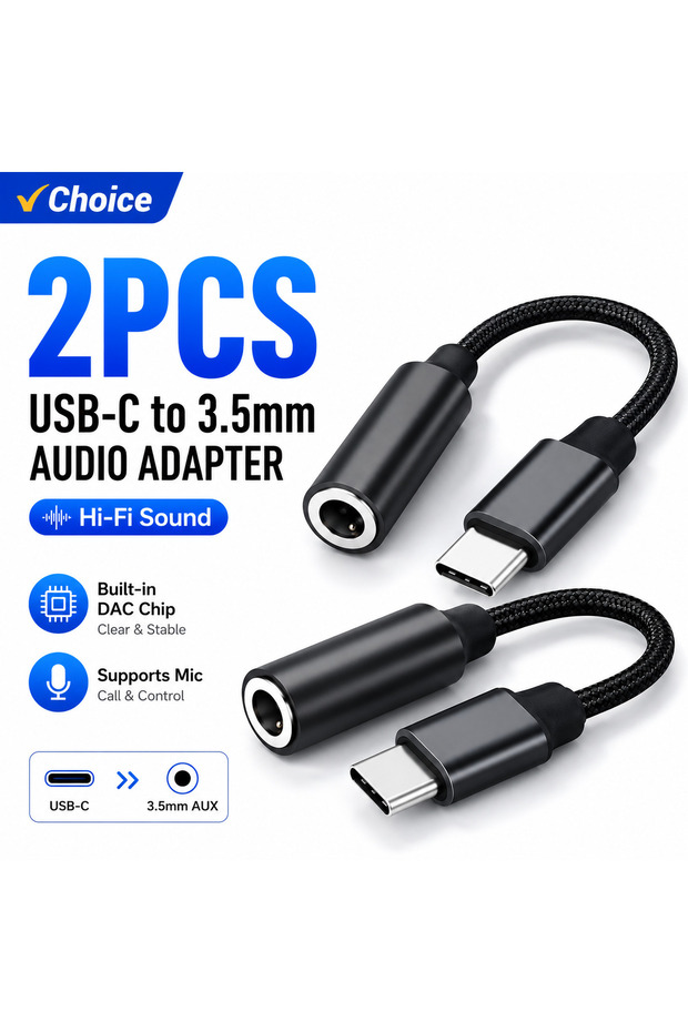 2-PCS USB C to 3.5mm AUX Adapter with DAC, HiFi Audio Cable Supports Mic for iPhone 15 16, iPad, Sam