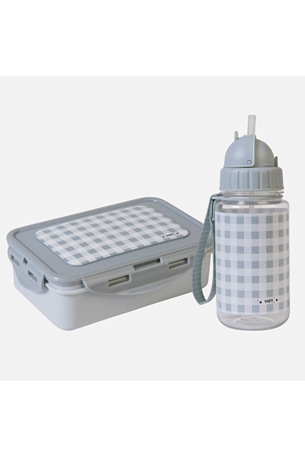 Water Bottle and Lunch Box Set - Checkered - Gray