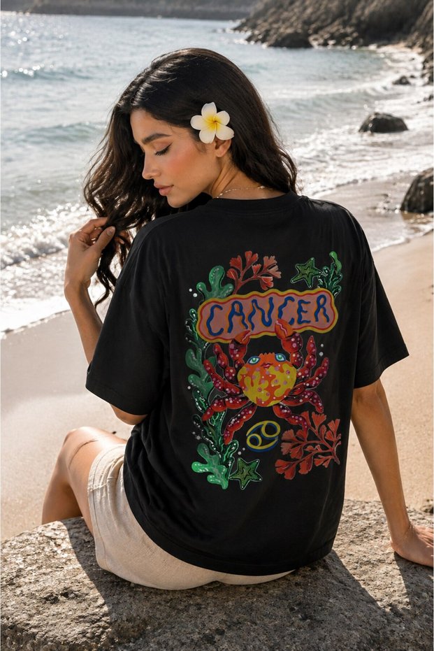 Women's Oversize T-Shirt with Cancer Print in Black – Crew Neck, Comfortable Fit, 100% Cotton