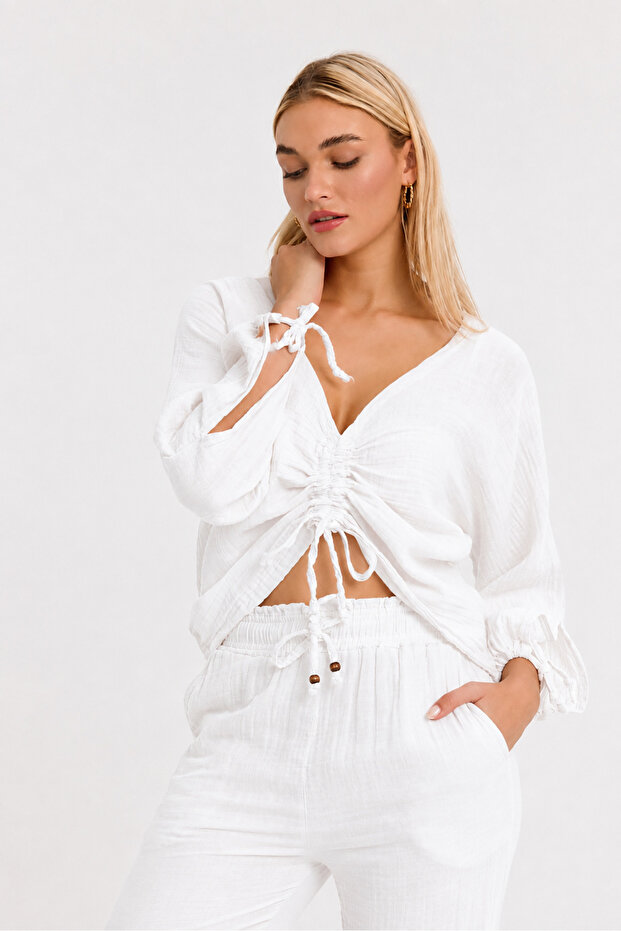 Women's Oversize Crop / Blouse - Muslin Long Sleeve Gathered - 1080