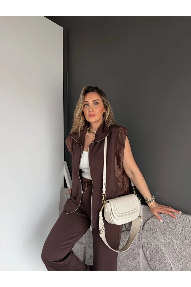 Women's Brown Poplin Detailed Double Suit with Zipper Zero Sleeve Vest Cotton Modal Wide Leg Pants