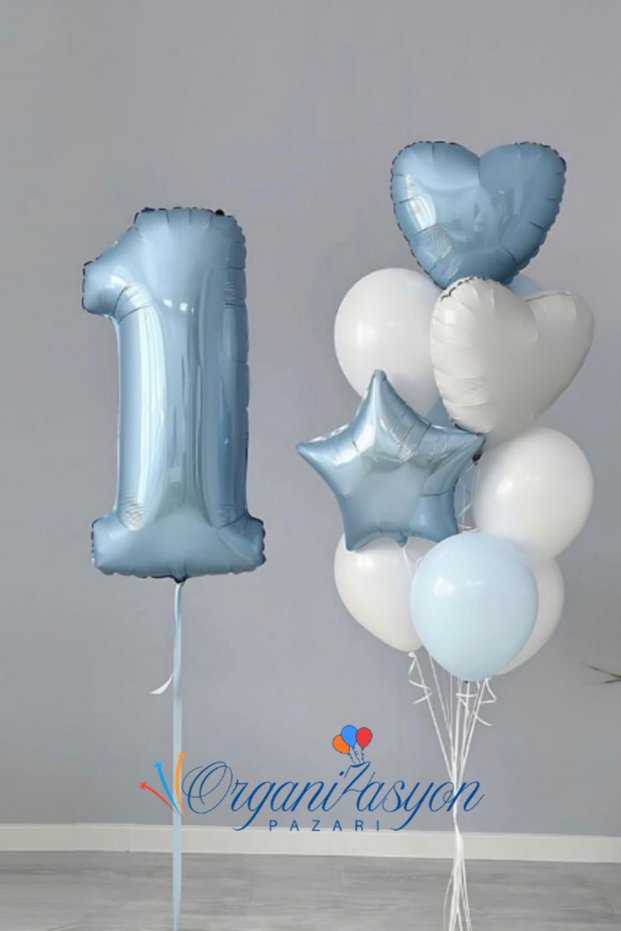 Blue Number Balloon Birthday Party Set Blue Star and Heart Foil Balloon Age Decoration Set with White Balloons