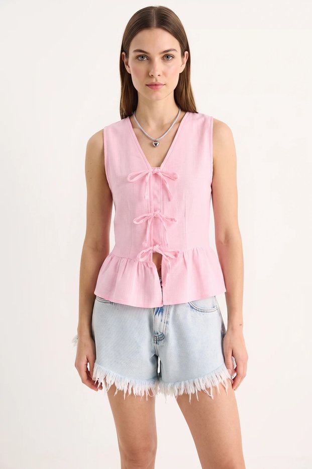 Women's V-Neck Bow Detailed Muslin Pink Blouse