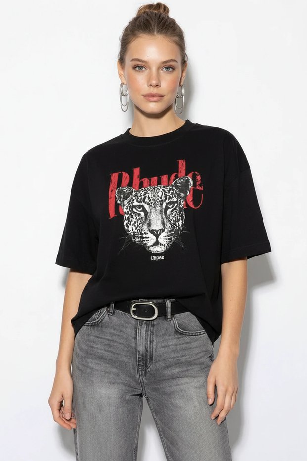 Women's Cotton Cheetah Printed Oversize Black T-Shirt with Text Detail