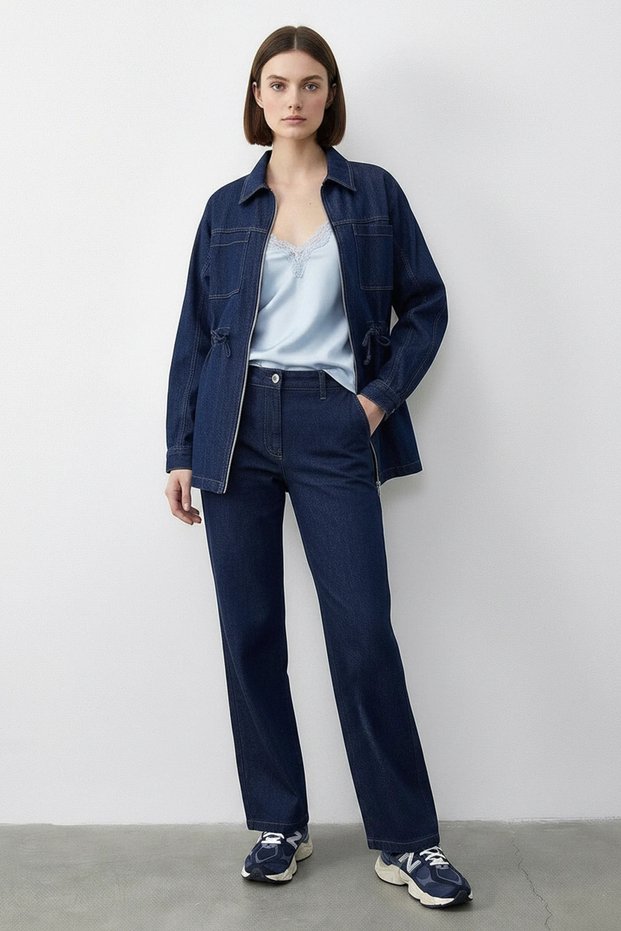 Women's Zippered Waist-Tie Denim Navy Blue Top and Bottom Set with Pocket Detail