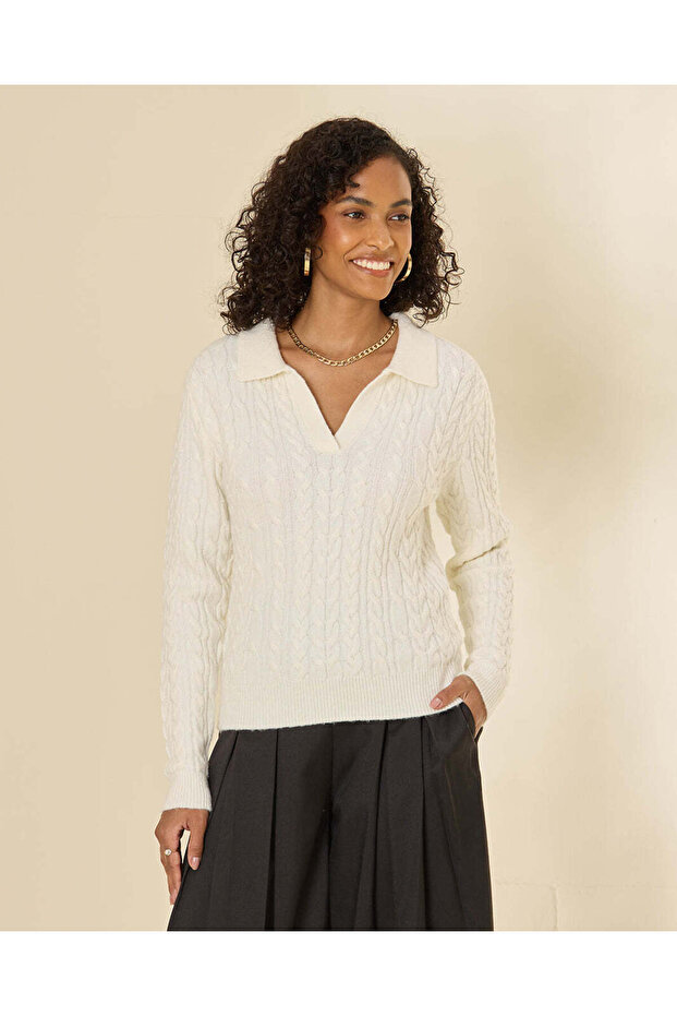 Women White V-Neck Polo Knit Pullover